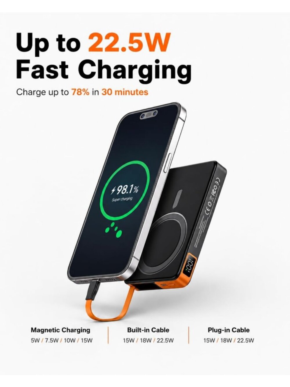 Magnetic Portable Charger 10000mAh for iPhone, Fast Charging Power Bank, Travel - Picture 3 of 9